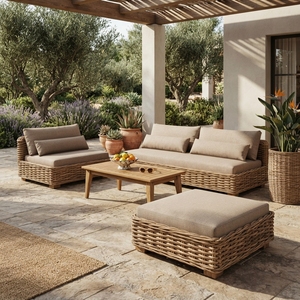 Outdoor <b>Rattan</b> Woven <b>Sofa</b> Set Mahogany Wood Frame Wicker Furniture Cushion Lounge Chair <b>Sofa</b> Coffee Table Setup Art Design - Product Image 4