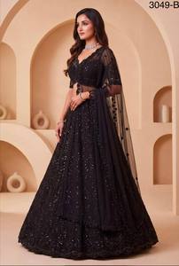 Black <b>Net</b> Embroidered Lehenga Set Sequin Beaded Zardosi Semi Stitched <b>Dupatta</b> Wedding Party Wear for Women - Product Image 2