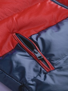 Men's Hooded Puffer Jacket Color Blocking PU Windproof Zipper Front Slim Fit Streetwear Winter Coat Red Blue Black - Product Image 3