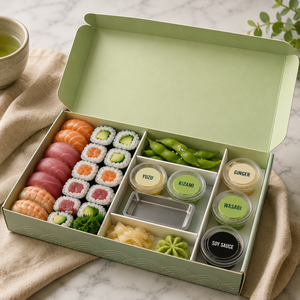 Boîte à bento pour sushis avec compartiments pour sushis, wasabi, sauce soja, gingembre et edamame, dans un emballage en carton réutilisable - Product Image 1