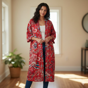 ชุดกิโมโนผ้าฝ้ายลายดอกไม้สีแดงพรีเมียม |   ชุดคลุมอาบน้ำแขนยาวคอวีพร้อมกระเป๋า |   ชุดเดรสผูกเชือกหรูหราสำหรับผู้หญิง - Product Image 2