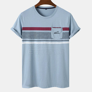 Crew Neck T-Shirt Striped Panel Casual Cotton Tee Chest Pocket Everyday Streetwear Custom OEM Bulk Short Sleeve Casual <b>TShirts</b> - Product Image 1