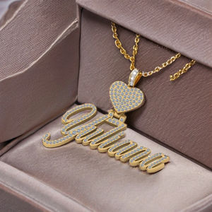 Collier unisexe Hip Hop en argent 925 plaqué or avec pendentif personnalisé initiales et nom, fermoir cœur, moissanite taille brillant, idéal pour les fêtes - Product Image 5