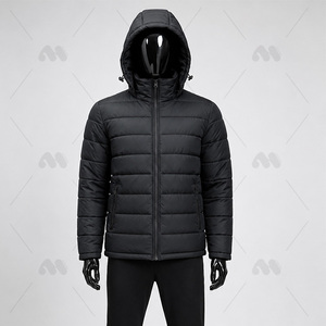 Chaqueta de plumón con capucha negra para hombre, abrigo acolchado cálido de invierno con cremallera, ropa exterior con logotipo personalizado - Product Image 1