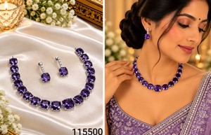 Cushion Cut Stone Link American Diamond <b>Necklace</b> <b>Set</b> With Matching <b>Earrings</b> Elegant <b>Silver</b> Plated Party Wear Jewelry Collections - Product Image 2