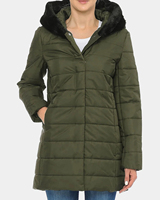 Veste matelassée pour femme en vert olive avec capuche en fausse fourrure, manteau d'hiver chaud avec fermeture éclair et poches latérales