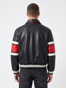 Chaqueta Varsity de Cuero PU Negra para Hombre, Cuello Camisero, Bloques de Color, Forro de Satén, Abrigo Casual, Chaqueta de Motociclista de Piel de Vaca - Product Image 5