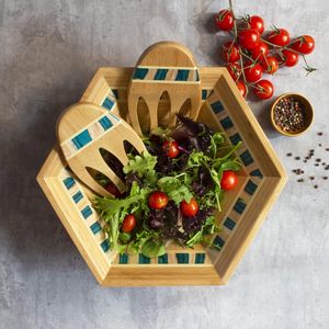 Ensemble de saladiers hexagonaux en bambou avec ustensiles, bols mélangeurs en bois écologiques à motif incrusté pour fruits et légumes, vente en gros - Product Image 5