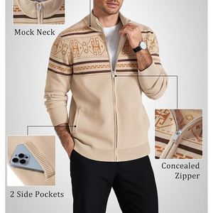 Top Trending Knitted Zipper <b>Cardigan</b> Geometric Pattern Full Sleeve Autumn Sweater <b>Beige</b> Color Casual Wear Travel Weekend Outfits - Product Image 3