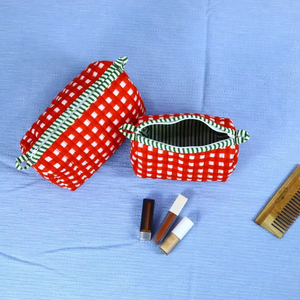 Red Checkered Cotton Cosmetic Bag Medium Size Zipper Closure Multi Function Makeup Organizer Simple Style Toiletry Bag - Product Image 6