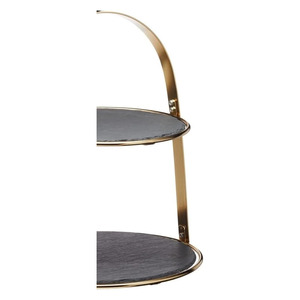 Modern Two-Tier <b>Cake</b> <b>Stand</b> With Round Dark Slate Platters Sleek Gold Metal Frame An Arching Top Carrying Handle Decorative item - Product Image 3
