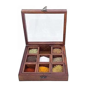 Boîte à épices en bois, best-seller, boîte à épices en bois indienne, boîte à épices décorative en bois avec couvercle en acrylique, 9 compartiments - Product Image 1