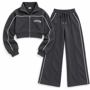Wholesale Charcoal Womens Piping Tracksuit Cropped Zip Jacket Wide Leg <b>Pants</b> Set Custom Logo Athleisure OEM Private Label Supply - Product Image 3