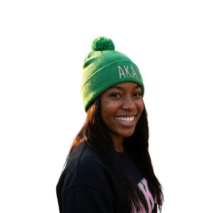 Gorro de Invierno de Punto Verde AKA Mod Pom Pom con Bordado Rosa, Gorro Suave y Cálido con Puño para Mujer, Estilo Sororidad Griega - Product Image 2