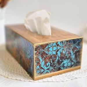 Boîte à mouchoirs en bois vintage, faite à la main, décorative, bleu et or, motif floral, écologique, décoration d'intérieur - Product Image 3