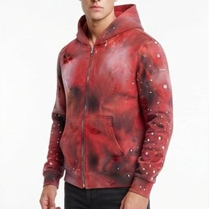 Sudadera con Capucha y Cremallera para Hombre, con Logotipo Personalizado de Pedrería, Estampado Tie-Dye Rojo, Ajuste Regular, Estilo Casual de Otoño, Tejido de Poliéster - Product Image 5