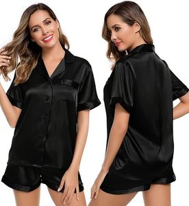 Conjunto de pijama de manga corta de satén negro para mujer, ropa de dormir con cuello vuelto y botones en la parte delantera, estilo elegante de verano - Product Image 1