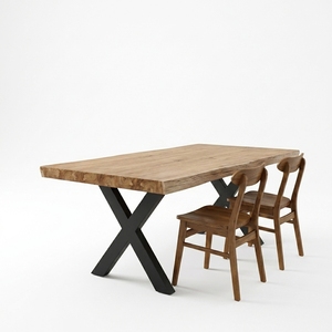 Table à manger en bois de Suar massif avec bord naturel, pieds en métal noir en forme de X, style industriel rustique, meubles de cuisine, plateau en bois naturel - Product Image 1