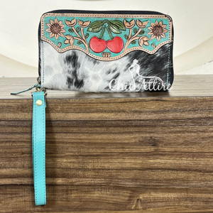 Cartera de mano de cuero de vaca repujado turquesa premium para mujer, nuevo diseño floral de cereza, tarjetero y monedero largo con correa para la muñeca - Product Image 1
