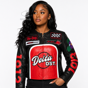 Delta | Sigma |   Chaqueta de cuero para mujer Theta Sorority, estilo motociclista, con cremallera frontal, para carreras, abrigo de motociclista, ropa exterior - Product Image 4