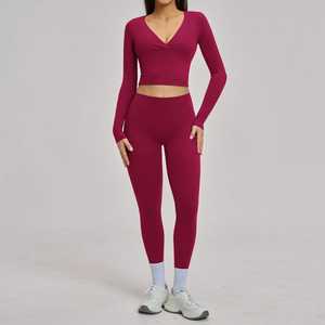 Women’s 2-Piece Yoga Set Deep V-Neck Long Sleeve Crop Top High-Waist <b>Seamless</b> <b>Leggings</b> Workout Activewear Suit - Product Image 5