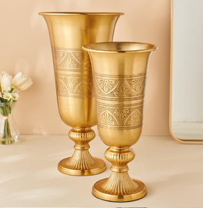 Tall slender trumpet style <b>gold</b> metal flower <b>vases</b> featuring a lovely sleek silhouette, pair, available at wholesale prices. - Product Image 2