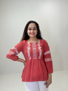 <b>Red</b> Viscose Embroidered Organza Peplum Top for Women V-neck Tassel Casual Ethnic Boho Summer <b>Blouse</b> Wholesale Wear - Product Image 4