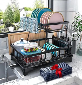 Égouttoir à vaisselle pliable en bambou à 2 niveaux, support décoratif en métal pour assiettes, bols et tasses - Product Image 5