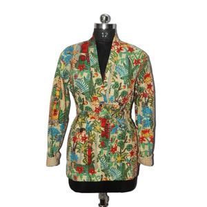 Manteau pour femme fait main de couleur beige, veste ethnique Kantha, robe courte maxi, peignoir imprimé, tissé, hiver, vente en gros, 100% coton, doublure en coton - Product Image 1