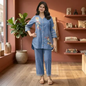 Women's Blue Embroidered Cotton Set <b>Three</b> <b>Quarter</b> Sleeve Loose Fit Full Length <b>Pants</b> Outfit Spring Summer Casual Wear - Product Image 4