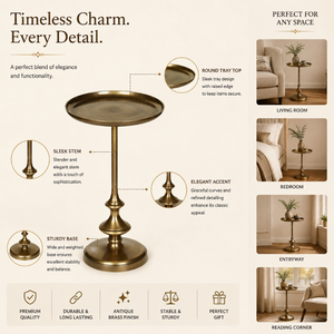 Modern <b>Round</b> Pedestal <b>Side</b> <b>Table</b> with Raised Tray Top and Antique Brass Finish | Elegant Accent End <b>Table</b> with Decorative Base - Product Image 2