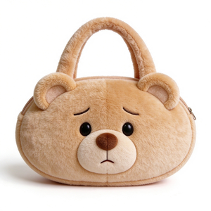 Bolso de peluche personalizado súper suave de oso marrón claro con cara triste, con asa y cremallera, unisex - Product Image 1
