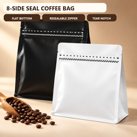 Sachet personnalisé biodégradable à fond plat avec fermeture éclair, scellé sur huit côtés, pour l'emballage de grains de café torréfiés et d'aliments pour animaux de compagnie, vente en gros OEM