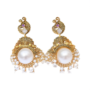 Antique Brass Peacock Jhumka Earrings with Diamond and Pearl - Product Image 3