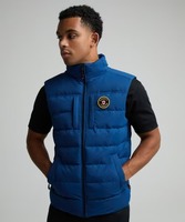 Gilet matelassé bleu pour homme, col montant, fermeture éclair frontale, avec badge, coupe-vent, veste décontractée d'hiver, rembourrage en polyester épais, coupe régulière