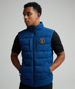Chaleco acolchado azul para hombre, cuello alto, cremallera frontal, insignia, cortavientos, chaqueta casual de invierno, acolchado de poliéster, corte regular grueso - Product Image 6