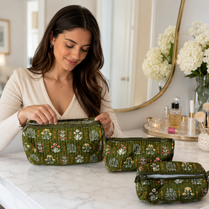 Ensemble de 3 trousses de maquillage de luxe en coton matelassé à l'huile d'olive, sacs cosmétiques pour femmes, organiseur de toilette de voyage, coffret cadeau - Product Image 3