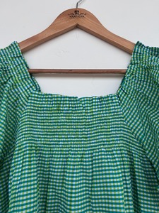 Ensemble 2 pièces pour femme, haut et short en coton à carreaux vichy verts, col carré, volants, coupe ample, style Prairie Chic, printemps-été - Product Image 6