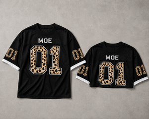 เสื้อเจอร์ซีย์อเมริกันฟุตบอลลายเสือดาวแบบกำหนดเองได้ แต่งขอบตัดกัน ทรงโอเวอร์ไซส์สำหรับทุกเพศ และเสื้อครอปท็อปผ้าตาข่ายสีดำ - Product Image 5