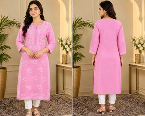 High Demand Pink Chikankari Embroidered <b>Kurti</b> for Women Floral Ethnic <b>Indian</b> Long Tunic Traditional Casual Festive Wear - Product Image 3