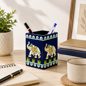 Hand Painted Wooden Rectangle Pen Stand | <b>Elephant</b> Design Desk Organizer | Handmade Back School Office Home Desktop Pencil - Product Image 6