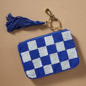 Meilleur Prix Porte-monnaie à carreaux bleus perlé avec pompon, porte-clés, pochette zippée, porte-cartes et pochettes à monnaie en perles de rocaille et perles de verre - Product Image 1