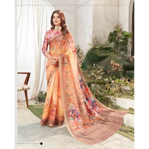 Traditional Cotton Digital Printed Saree with Unstitched Peach Blouse Dresses Product - Product Image 1