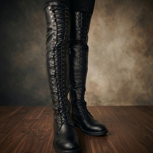 Botas de cuero genuino hasta la rodilla para motocross y trial, estilo gótico de combate con cordones, color negro. - Product Image 3