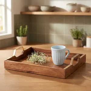 Wooden Snack Serving <b>Tray</b> with Golden Finish Handle | Brown Wood Multipurpose Serving Platter | Modern Tea <b>Breakfast</b> <b>Tray</b> - Product Image 5