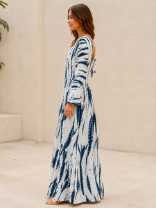 Vestido Western de Manga Larga con Estampado Tie Dye Blanco para Mujer, Escote Corazón, Acampanado, con Lazos y Espalda Recortada, Ropa de Mujer al por Mayor - Product Image 2