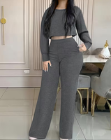 Women 2-Piece Fleece Woven Set Customized Color Short Sleeve Crop Top High Waist Wide Leg Pants Casual Solid Regular Fit Quick