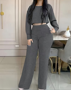Women 2-Piece <b>Knitted</b> <b>Set</b> Gray Full Sleeve Crop Top High Waist Wide Leg Pants Casual Solid Color All Seasons Loose Fit - Product Image 1