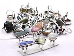 Vintage 925 Silver Plated <b>Statement</b> <b>Ring</b>, Natural Mixed Gemstones Christian Bezel <b>Ring</b>, Unisex Antique Brass Wedding Band - Product Image 4