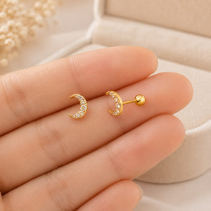 925 Sterling Silver Dainty Gold Crescent Moon Channel Setting <b>Fine</b> <b>Stud</b> <b>Earrings</b> - Product Image 2